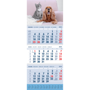 2024 metų sieninis kalendorius su šuniuku ir kačiuku