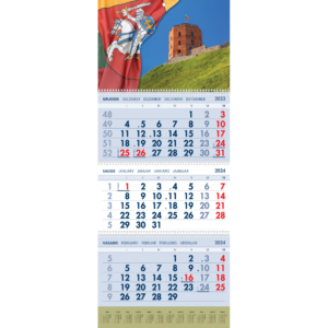 2024 metų kalendorius iš trijų dalių Gedimino pilies vaizdu