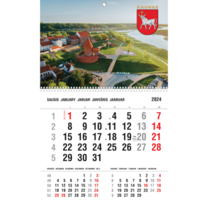 2024 metų kalendorius su Kaune esančiu vaizdu