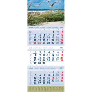 3ių dalių kalendorius 2024 metams su paplūdimio vaizdu